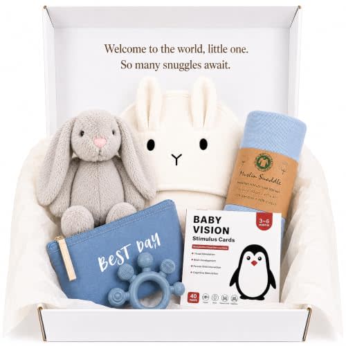 New Baby Boy Gift Basket – Newborn Shower Welcome Set | Cotton Swaddle, Plush Bunny Toy, Hooded Towel, High-Contrast Vision Cards, Silicone Teether & Note