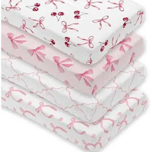4 Pack Pink Bow Crib Sheet Set for Baby Girl, Soft Breathable Fitted Crib Sheet 28 x 52 in, Nursery Decor for Standard Crib and Toddler Bed Mattresses