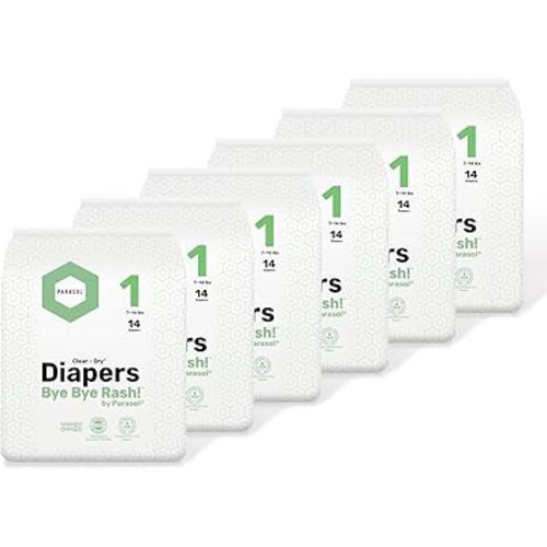 PARASOL Clear+Dry Disposable Diapers | RashShield Protection, Leakproof Design, Hypoallergenic | Size 1, (7-14 lbs) 84 Count