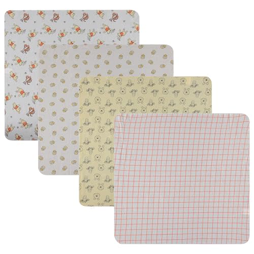 Disney Baby 4-Pack Receiving Blankets — 100% Cotton Flannel, 28" x 28" — Available in Mickey, Minnie, Pooh, Stitch or Angel — Soft Swaddle, Burp & Stroller Blankets — Gift-Ready with Ribbon Bow