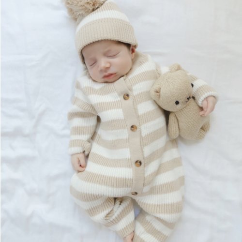 Knit Striped Neutral Jumpsuit/Hat in Tan Stripe