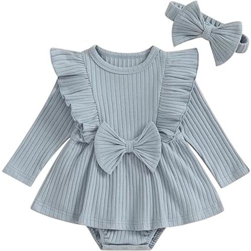 Newborn Baby Girl Clothes Ribbed Romper Dress Solid Ruffle Long Sleeve Bodysuit Headband Set Cute Fall Winter Outfit