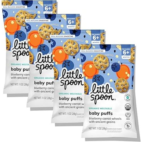 Little Spoon Blueberry Carrot Meltable Baby Wheels, Organic Corn, Quinoa & Sorghum, No Added Sugar Snacks, Encourages Self-Feeding, 1 Oz Bag, 4 Pack
