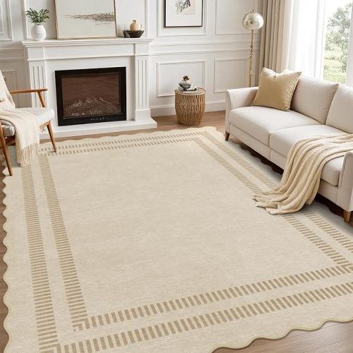Washable 8x10 Area Rugs for Living Room, Solid Ivory Ultra-Thin Bedroom Rug Non-Slip Dining Room Rugs, Soft Scalloped Carpet for Nursery Kids Room Office