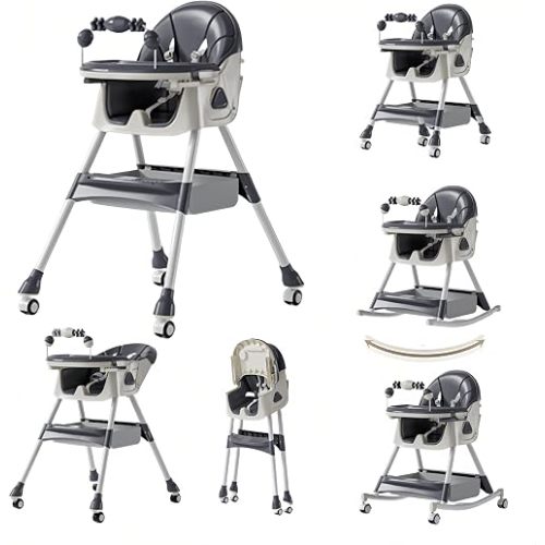 6 in 1 PU Leather Baby High Chair with Rocking Mode for Babies and Toddlers, Foldable Baby Eating Chair, Highchairs with Adjustable Backrests and Heights, Kids High Chairs with Wheels (560 Grey)