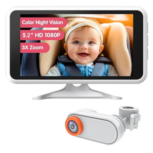 Baby Car Camera with IR Night Vision, Unique Headrest Mount Car Camera for Baby 3X Zoom for Backseat Monitor White (Wired) Essential Baby Safety Item