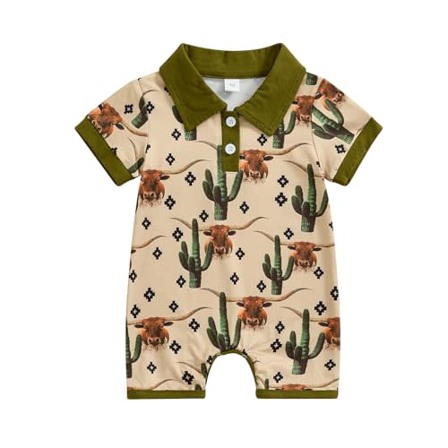 Lesimsam Newborn Baby Boy Western Clothes Cow/Horse Print Romper Jumpsuit Short Sleeve Button Up Collared Bodysuit Outfit
