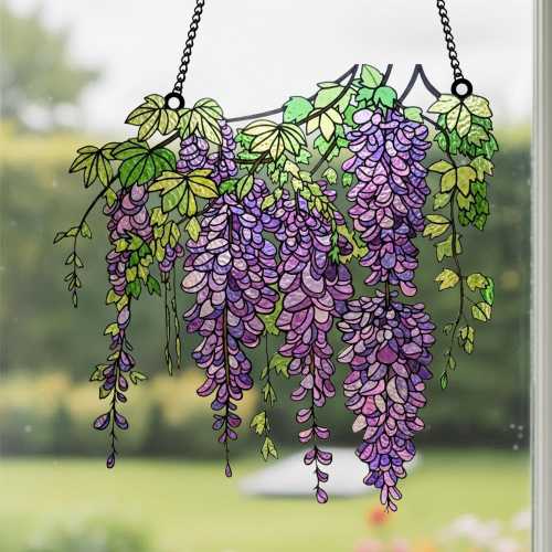 Wisteria Spring Garden Sun Catcher: Acrylic Stained Glass Style Window Hanging