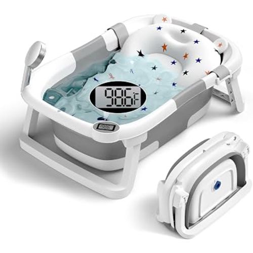 BUNWAG Classic Baby Bathtub, Infant Bath Tub for Newborn to Toddler (0–12 Months),Collapsible Newborn Bathtub with Soft Cushion and Non-Slip Feet, Foldable Travel Bathtub for Easy Storage