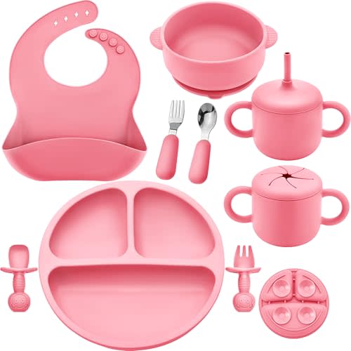 Bufims 9-Piece Silicone Baby Feeding Set for Baby Led Weaning, Pink | Eating Essentials set with Suction Plate and Bowl, Pocket Bib, Sippy Cup with Lid, Forks Spoons Snack Container,6+ Months