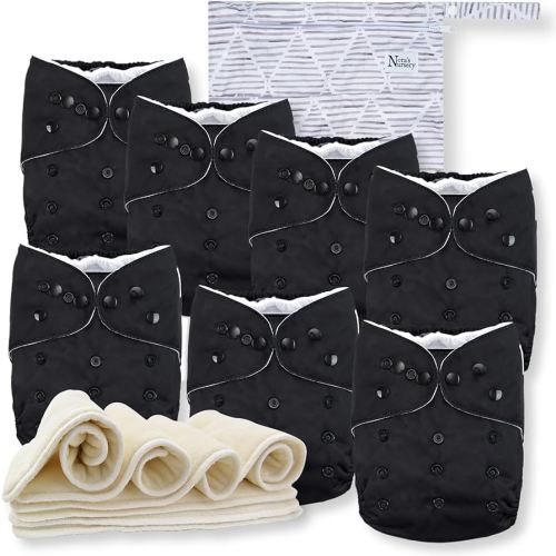 Nora's Nursery Cloth Diapers 7 Pack with 7 Inserts & 1 Wet Bag - Waterproof Cover, Washable, Reusable & One Size Adjustable Pocket Diapers for Newborns and Toddlers - Black Tie