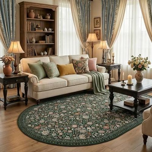 Floral Oval Rug 4x6 - Washable Ultra-Thin Living Room Rug Non-Slip Carpets - Soft & Stain Resistant Rug for Kitchen Bedroom Dining Room Indoor Nursery Dark Green