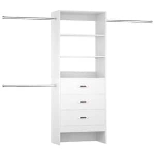 54 in. W - 96 in. W White Reach-In Tower Wall Mount 4-Shelf Wood Closet System With 3 Enclosed Drawers 3 Hanging Rods