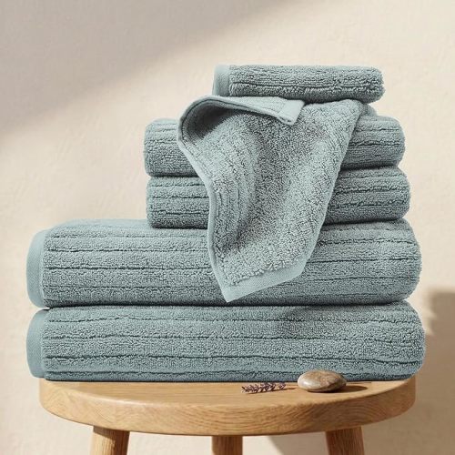 BIOWEAVES 100% Organic Cotton 6-Piece Luxury Bathroom Ribbed Towel Set GOTS Certified 700 GSM, 2 Bath Towel, 2 Hand Towel & 2 Wash Cloths - ICY Fjord