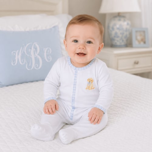 Sweet Golden Hand-Embroidered Footie - Light Blue