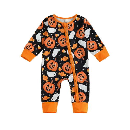 Huowey Unisex Boys Girls Halloween Clothes One Piece Newborn Baby Pumpkin Cute Print Long Sleeve Romper Zip Up Bodysuit Outfits Set,Black,0-3 Months