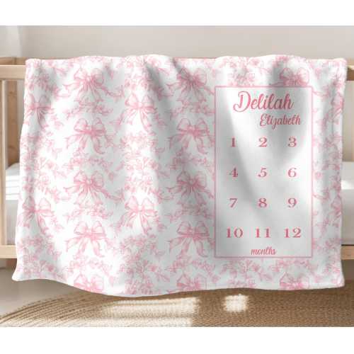 Personalized Pink Bows Toile Baby Girl Milestone Blanket, Monthly Growth Tracker, Custom Name Blanket, Newborn Photo Prop, Baby Shower Gift