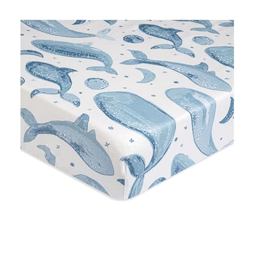 Crane Baby Soft Cotton Crib Mattress Sheet, Fitted Sheet for Cribs and Toddler Beds, Ocean Whale, 28”w x 52”h x 9”d