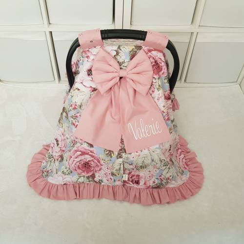 Blush Pink Custom Baby Car Seat Cover Girl with Ruffle , Floral Personalized Baby Girl Car Seat Canopy with Bow , Girl Baby Shower Gift