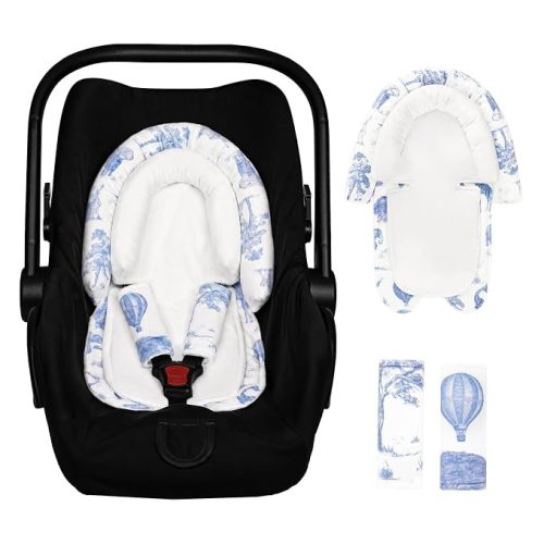 Baby Car Seat Head Support with Extra Headrest, 2-in-1 Babybody Supports with Shoulder Pads Set for Newborn, Adjustable Infant Car Seat Insert Compatible with Stroller, Baby Swing (Blue Animal)