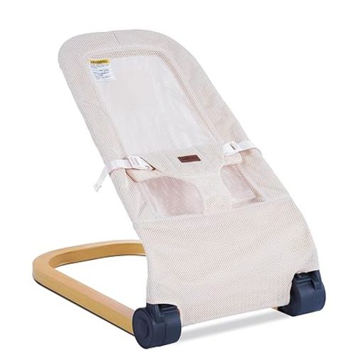 Baby Bouncer,Portable Baby Bouncer Seat & Foldable with 3 Height Adjustments, Ergonomic Bouncer for Babies 0-6 Months, Wood Grain Style, Natural Vibrations, Includes Storage Bag (Beige)
