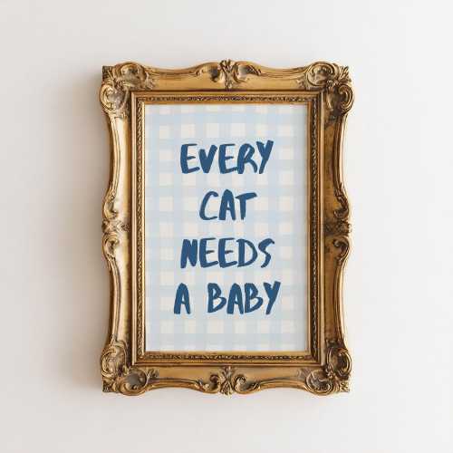 Every Cat Needs A Baby Print, Baby Announcement, Blue Watercolor Gingham Nursery Decor, Cat Wall Art, Baby Reveal Poster, Digital Download