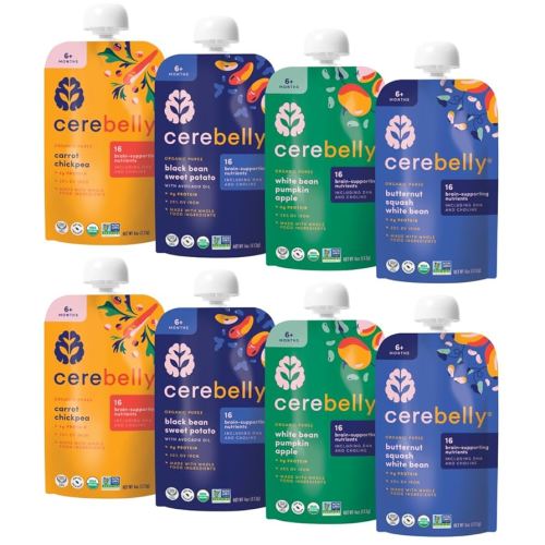 Cerebelly Organic Baby Food Pouches – Organic Veggie and Bean Purees for Toddlers Variety Pack| No Added Sugar, Fiber, Non-GMO | Blended Puree Pouches | 4 Ounce BPA-Free Baby Food | 4 Flavors | 8 Pack