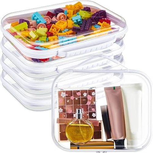 Sanwuta 4 Pcs Clear Hard Zipper Case with Handle Office Storage Cases Hard Plastic Pouches Transparent Bins for Crafts, Pencils, Snacks, Cosmetics, Puzzles(9.8 x 7.9 x 2 Inches,White)