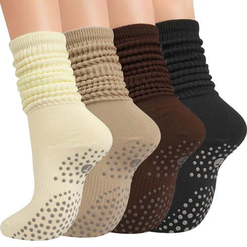Grip Pilates Socks for Women, Taotique Yoga Slouch Socks with Grip for Barre Workout Hospital Long Scrunch Slipper Socks
