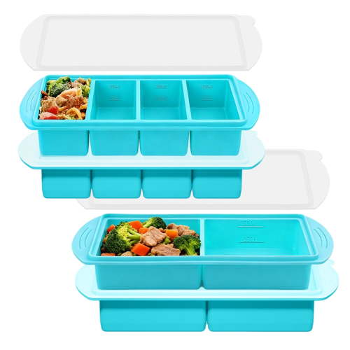 Lumikrypt 4Pcs Silicone Freezer Tray with Lids, 1-Cup & 2-Cup Large Food Freezer Containers, Freezer Ice Cube,Ideal for Freezing Soups, Sauces, and Microwave-Safe Single-Serving Meals