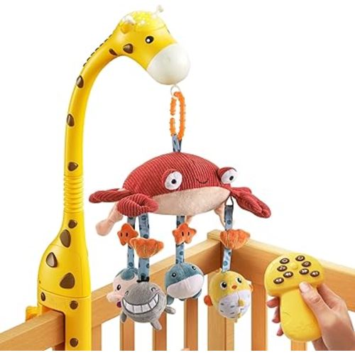 TUMAMA Baby Crib Mobile,3 in 1 Crib Toys with Remote Control,Projection Night Light, Music and White Noise, Mute Spin Motor Nursery Sensory Toys for Infant 0 3 6 9 Month Newborn Xmas Gift