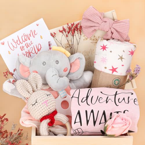 Baby Girl Gifts,Baby Shower Gifts for Girls,New Born Baby Girls Gift,Baby Girl Gift Basket,Unique Baby Gift Essential,Gender Reveal Gifts,Rattle Swaddle Blanket Baby Girl Gifts
