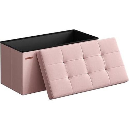 SONGMICS Mazie Collection - 30 Inches Folding Storage Ottoman Bench, Ottoman Foot Rest, End of Bed Bench, Storage Chest, Load 660 lb, for Living Room, Bedroom, Entryway, Jelly Pink ULSF047R11