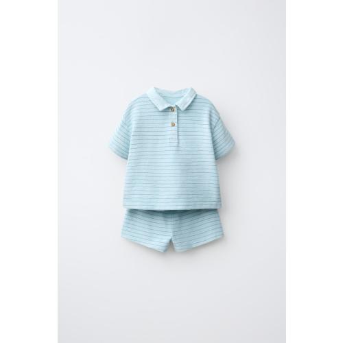 STRIPED POLO SHIRT AND BERMUDA SHORTS SET - Neon blue | ZARA United States