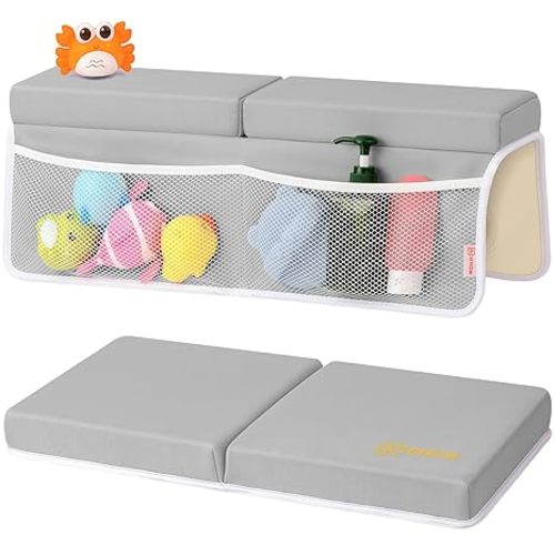 Bath Kneeler and Elbow Rest Pad Set - Comfortable 1.5” Thick Baby Bath Kneeler Pads with Toys Organizer, Non-Slip Knee Arm Support Bathtub Mat, Quick-Drying Kneeling Pad for Baby Bath Time