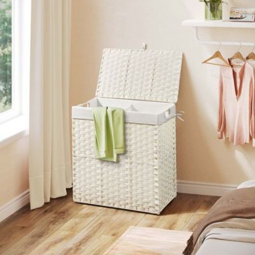 Greenstell Hand-woven, compartmentalized rattan laundry basket with 2 removable inner lining bags, lid, and handle, foldable