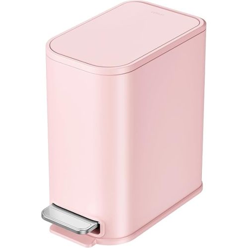 Cesun Small Bathroom Trash Can with Lid Soft Close, Step Pedal, 5 Liter / 1.3 Gallon Stainless Steel Garbage Can with Removable Inner Bucket, Waste Basket for Bathroom, Bedroom (Pink)
