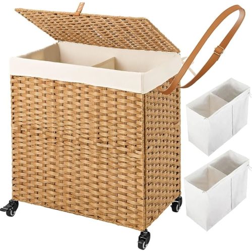 Greenstell Laundry Hamper with Wheels, No Install Needed, 110L Divided Handwoven Hampers & 2 Removable Liner Bags, Synthetic Rattan Clothes Laundry Basket with Lid & Handles, Foldable Hampers Natural
