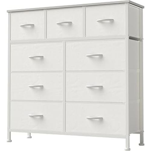 DUMOS Dresser for Bedroom, Storage Organizer with 9 Drawers, Chest of Drawers with Fabric Bins, Sturdy Metal Frame, Wood Tabletop for Guest Room, Closet, Entryway, White