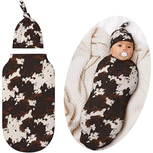 Valvphora Brown Cow Print Swaddle Blanket with Hat Receiving Blanket, Western Highland Cow Baby Items Stuff for Girls Boys