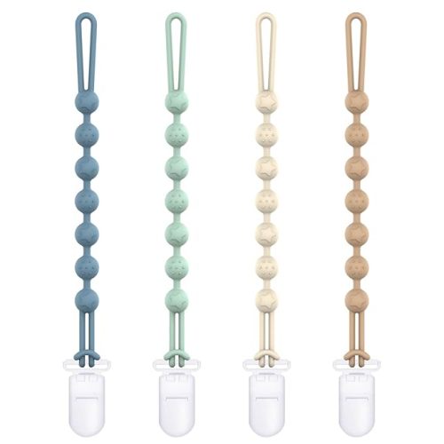 Cuddle Campus Silicone Pacifier Clip Holder with One Piece Design, Pack of 4 Soft Flexible Binky Clips with Texture Set 1(6M+)
