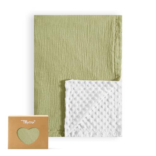 TILLYOU Muslin Baby Blanket Neutral Cotton Swaddles for Newborns, Double Layer Soft Plush Minky Blanket with Dotted Backing 30"x40", Light Green
