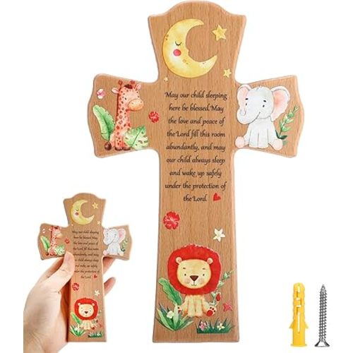 Bucherry Animal Wooden Wall Cross Baptism Decorative Hanging Cross 4.3 x 6.7inch Inspirational Blessing Quote Catholic Decor with Hook & Screws for Nursery Room Decor, Baptism, Christening Gift