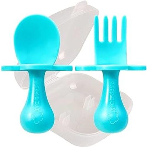 Grabease Baby Feeding Utensils - Anti-Choke Collar & Toddler Fork for Ages 1-3 - Easy-Grip Curved Handle Infant Spoon - Dishwasher-Safe Convenience & Baby Cutlery - Teal