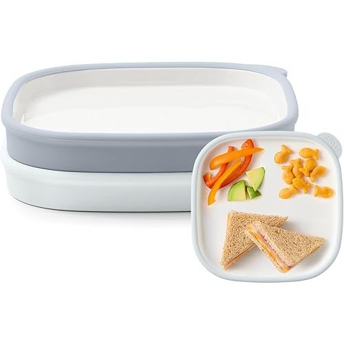 Ello Clean Start Toddler Everything Plate 2 Pack | BPA-Free Ceramic Plates with Silicone Sleeve for Babies/Toddlers | Microwave/Dishwasher Safe, Plastic-Free, High Chair Friendly, Quiet Tide/Tech Blue