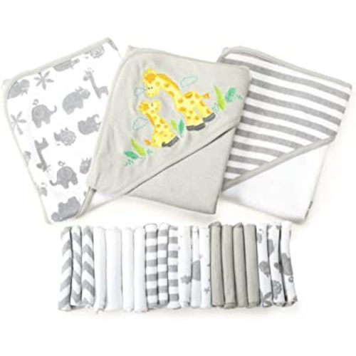 Spasilk Bath Hooded Towels & Washcloths Set for Babies, 23-Piece Gift Set, Grey, (Gift GBA23 0501)