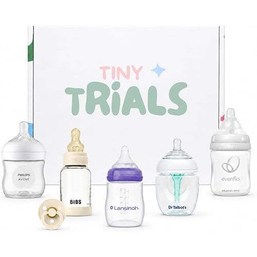 Baby Bottle Trial Pack Variety Box for Newborns – 5 Bottles & 1 Pacifier Featuring BIBS, Lansinoh, Philips Avent, Dr. Talbot's & Evenflo – Anti-Colic, Breastfeeding-Friendly Registry Gift, Tiny Trials