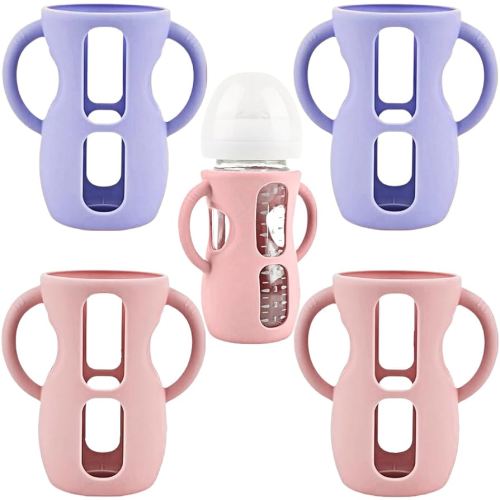 4 Pack Silicone Sleeves for Avent Natural Glass Baby Bottles, Silicone and Easy-Grip Handles for Drop Protection, Compatible with Philips Avent 4/8 OZ Glass Bottle (2 Pink+2 Purple, 8 OZ)