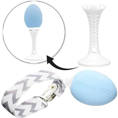 The Teething Egg and Grippie Stick - Baby Development Teething Toys 3, 4, 6, 12 Up to 18 Months Old Boy or Girl, Sensory Toys, A Baby Registry Must Have Teether, Blue