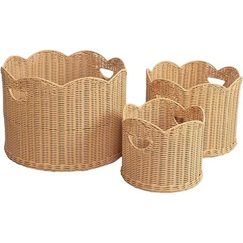 happimess BSK2024A-3SET Maris Contemporary Cottage Resin/Metal Scalloped Edge Nesting Storage Baskets with Handles, Seagrass Containers for Decoration in Living Room, Bedroom, Natural (Set of 3)